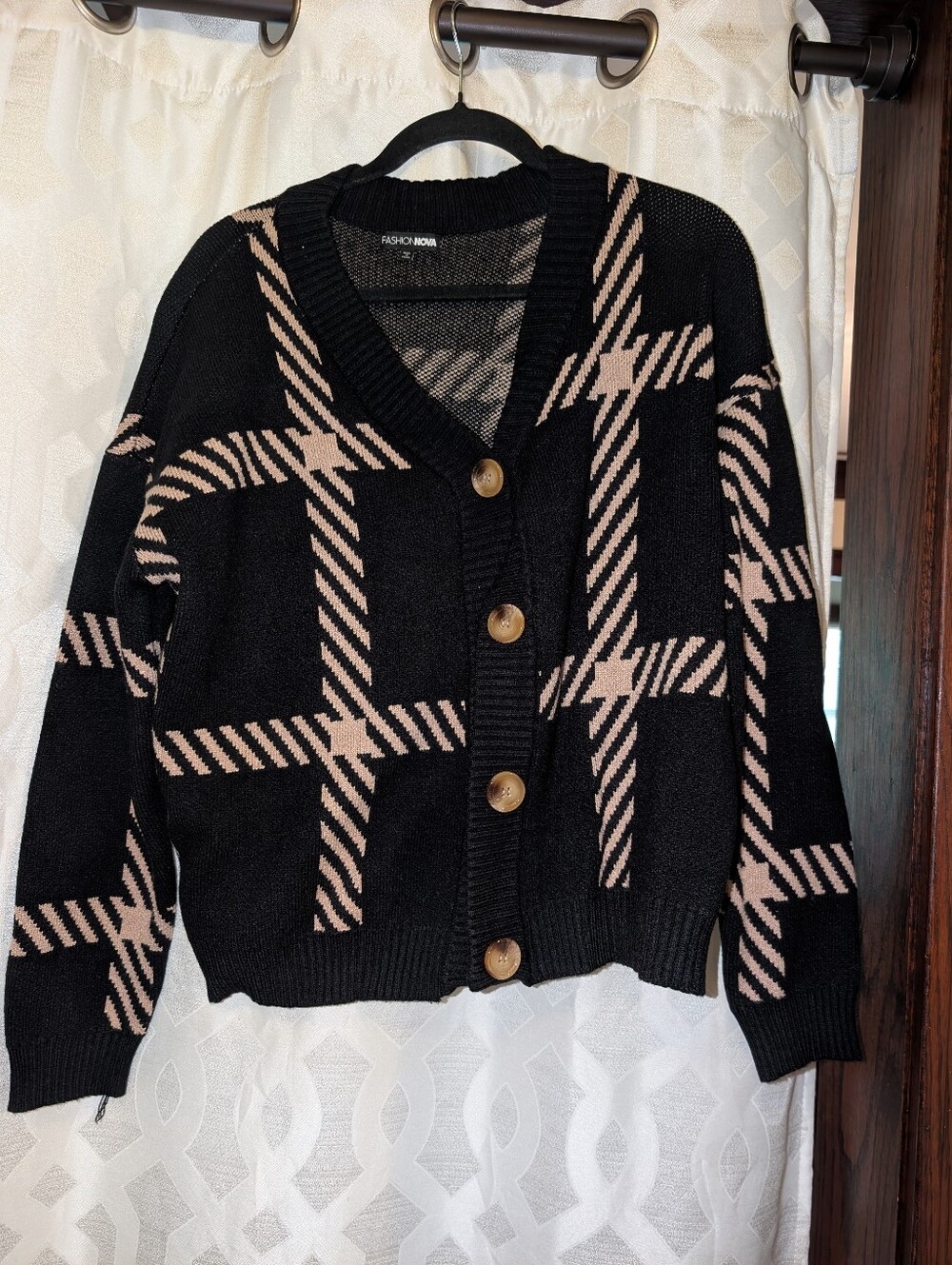 Fashion Nova Black & Beige Plaid Button Front Cardigan